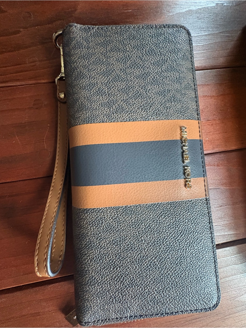 Michael Kors Navy and Tan Stripe Wrist Wallet